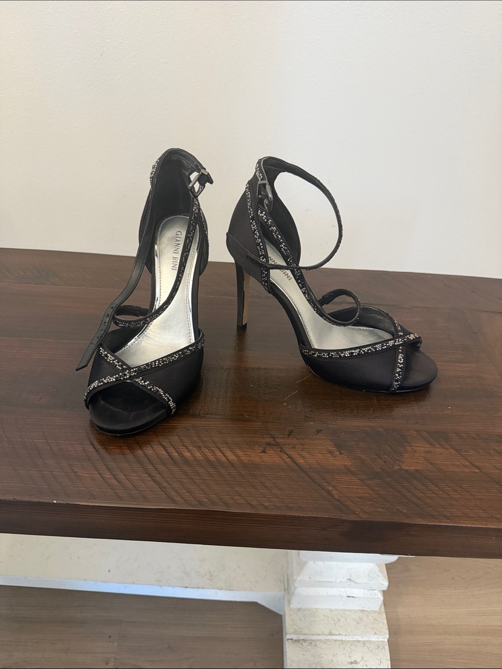 Gianni Bini Black Strappy Glitter Trim High Heel Sandals